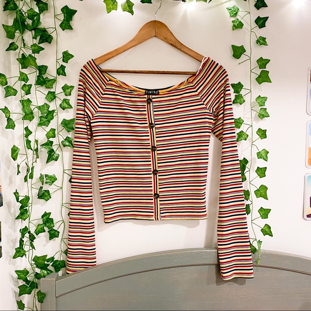 Red, yellow, & blue striped off the shoulder top! Tight fitting